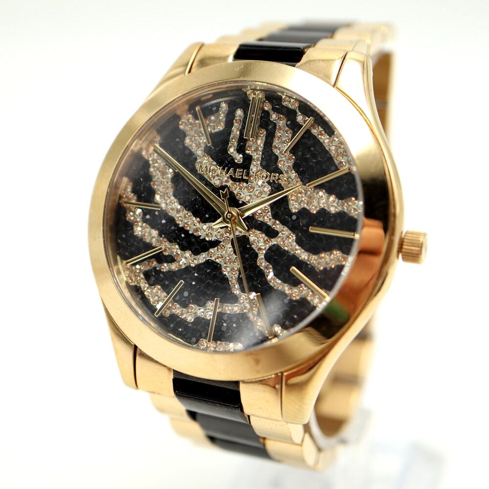 Michael Kors Zebra Pave Gold Black Tone 42mm Watch 5.75" MK3315 w New Battery